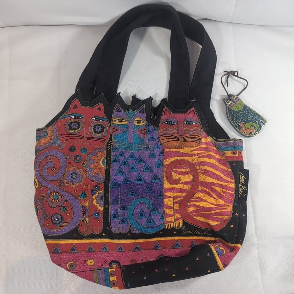Laurel Burch Cat Shoulder Bag Purse Black Multicolor Tote Cutout Feline Friends